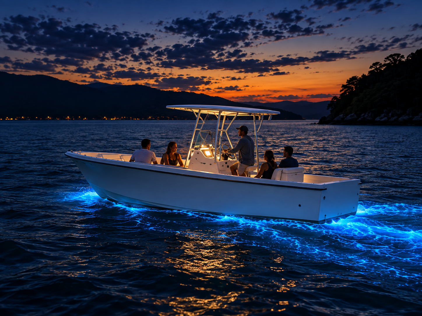 Captain Luis' white center-console boat on a private Bio Bay tour in La Parguera at night