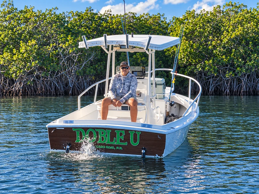 Center-console boat for morning fishing near La Parguera mangroves